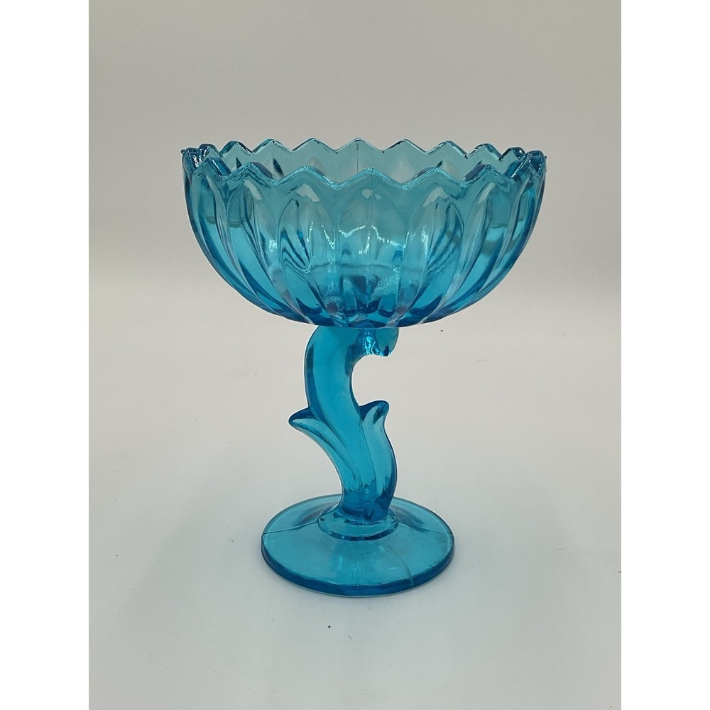 Vintage Indiana Glass Blue Ribbed Lotus Blossom Compote 7.5" x 6" x 6" Excellent
